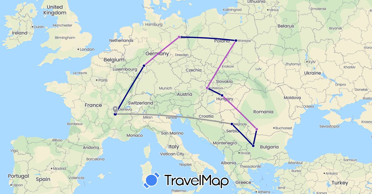 TravelMap itinerary: driving, plane, train in Bulgaria, Germany, France, Hungary, Poland, Romania, Serbia, Slovakia (Europe)