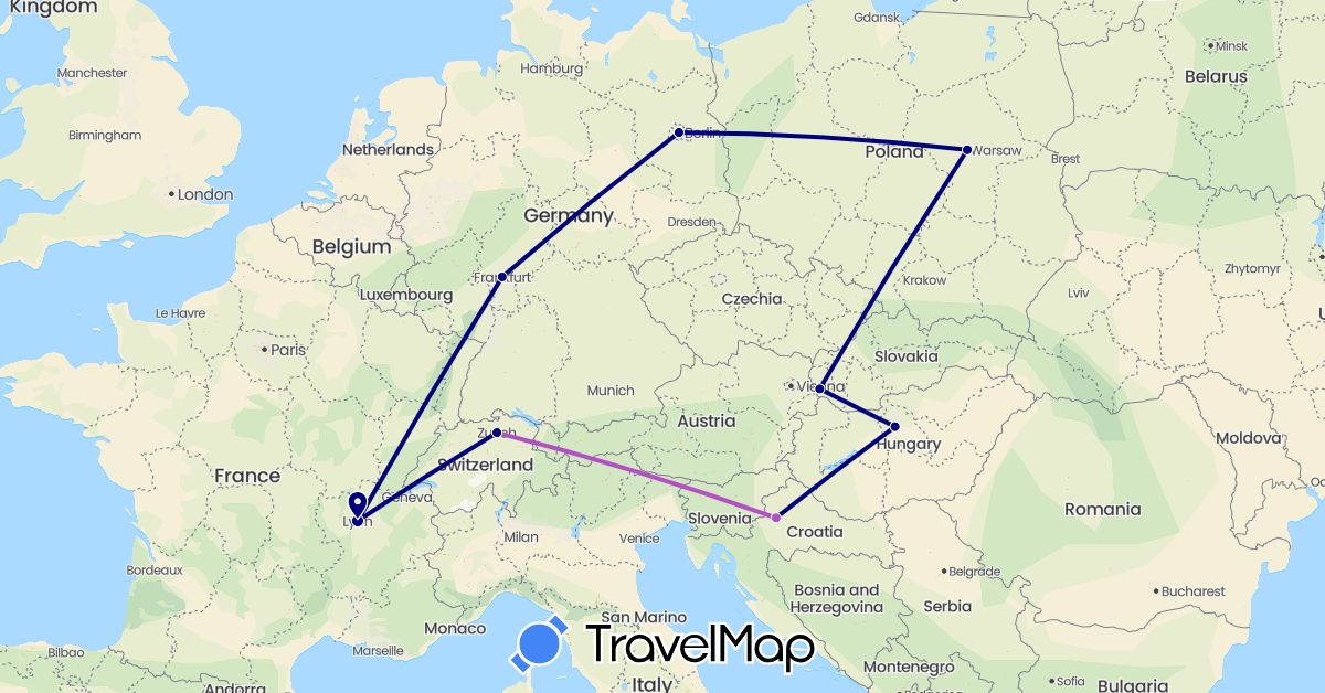 TravelMap itinerary: driving, train in Switzerland, Germany, France, Croatia, Hungary, Poland, Slovakia (Europe)